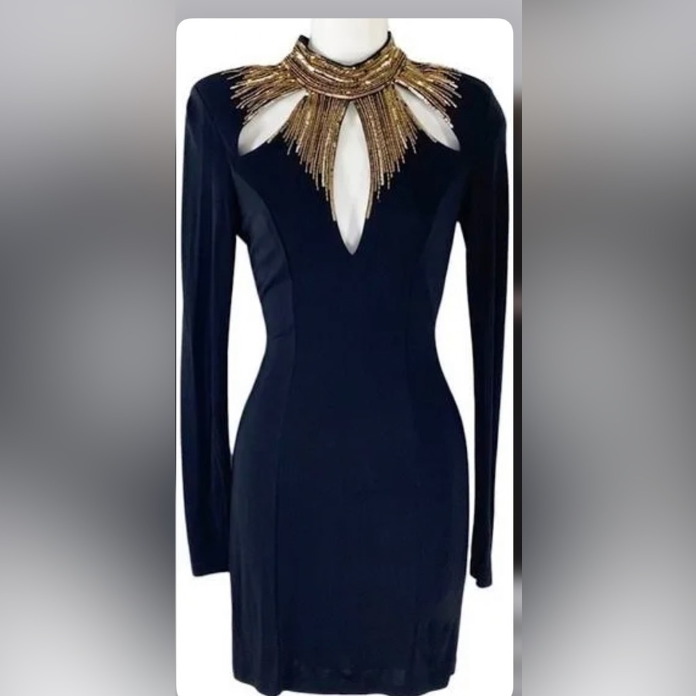 Bebe Black Gold Sequin Beaded Cutout Long Sleeve Mini Dress